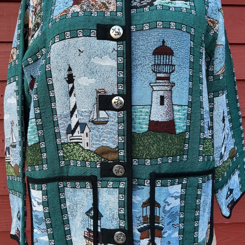 Blair Tapestry Jacket Womens L Blue Green Lighthouse Nautical Vintage Coastal - Picture 7 of 11